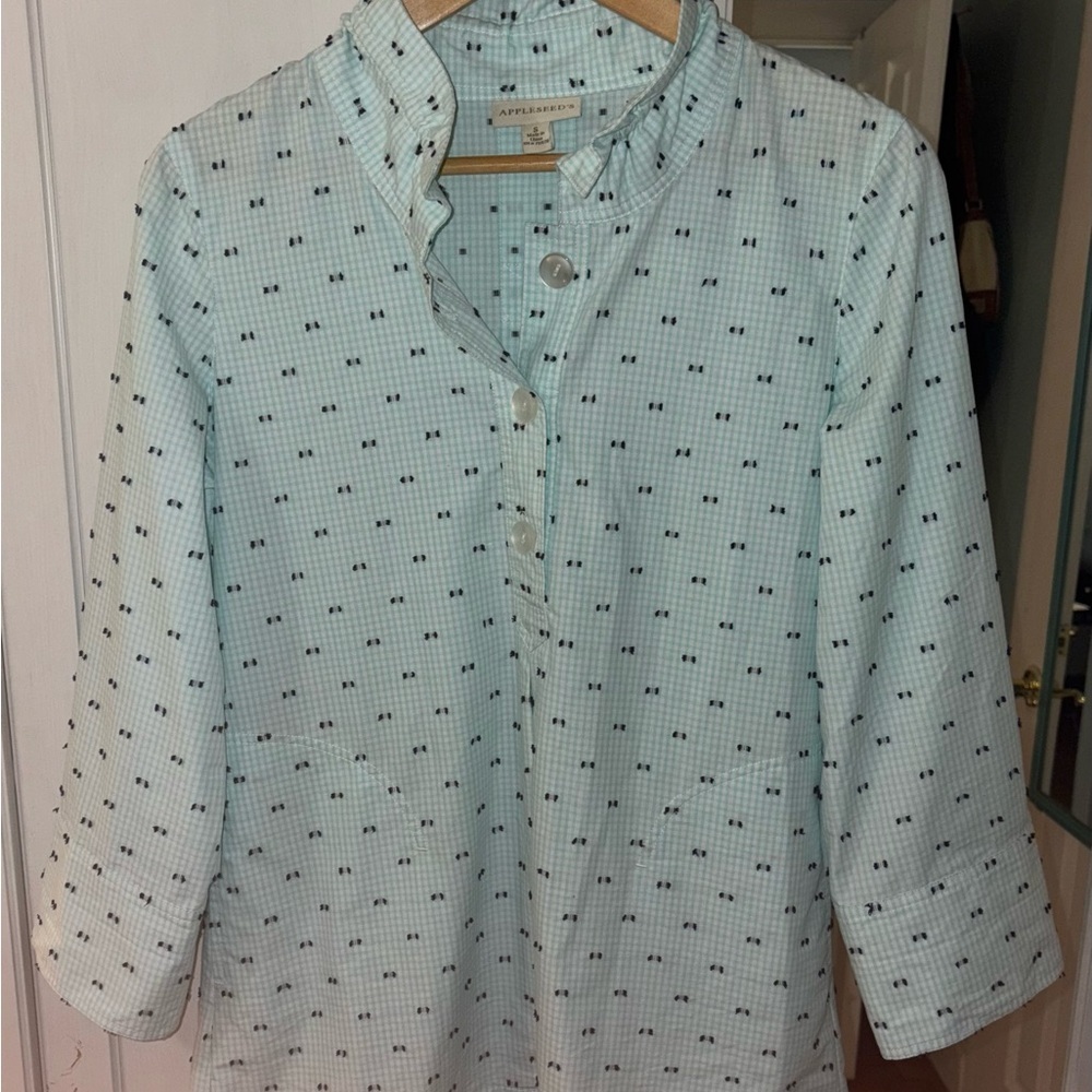 Seersucker Tunic Teal White with navy polka dot Ruffle Collar - Picture 3 of 6